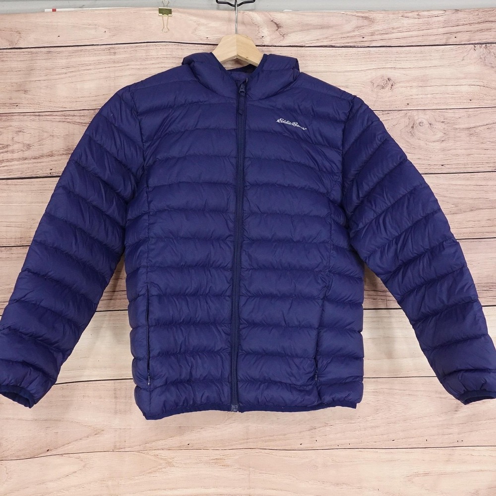 Eddie Bauer Jacket Boys XL 16 Blue Hooded Down Puffer Quilted Nylon Warm Zip